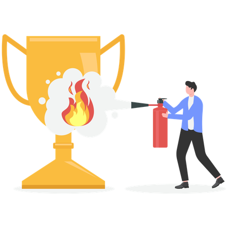 Businessman extinguish fire on trophy cup using fire extinguisher  Illustration