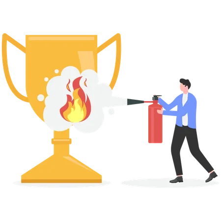 Businessman extinguish fire on trophy cup using fire extinguisher  Illustration