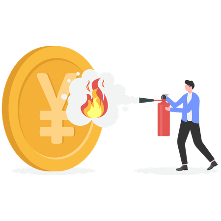 Businessman extinguish fire on yen coin using fire extinguisher  Illustration