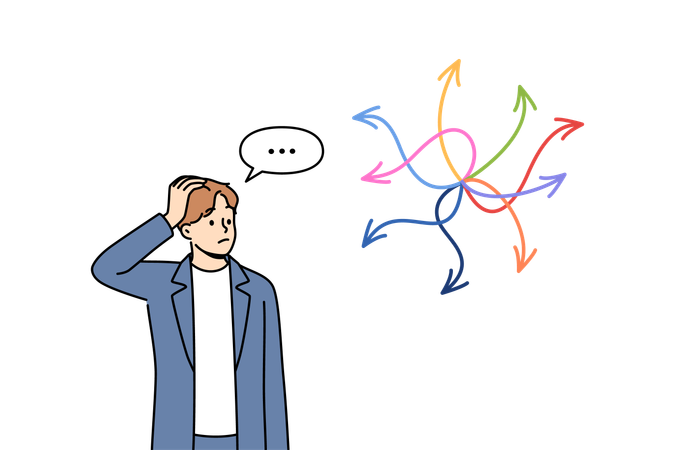 Businessman faced with difficult choice while looking at arrows pointing in different directions  Illustration