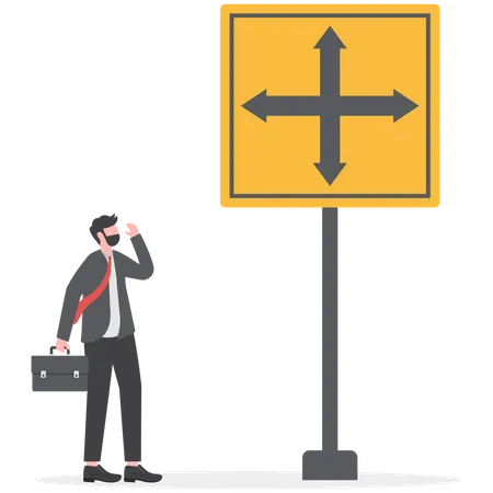 Businessman faces confusion in choosing right path  Illustration