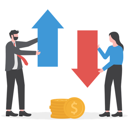 Businessman faces increase and decrease in his income  Illustration