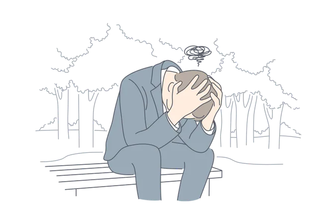 Despair Frustration Depression Business Concept Desperate Young Businessman Crying In His Hands Sitting On Bench Covering Head Fatigue Headache Or Migraine Bad News And Raising Of Mental Stress Illustration