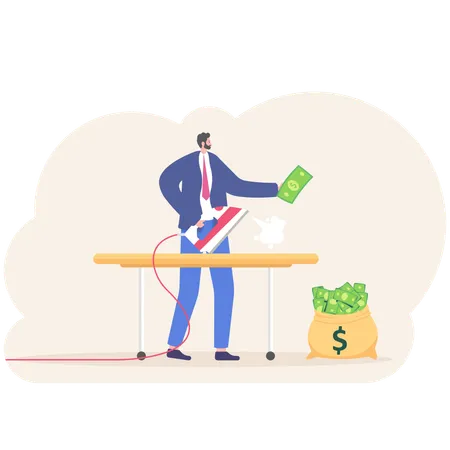 Businessman Or Manager Iron Money And Put In His Portfolio Dirty Money Laundering Of Money Vector Illustration Flat Illustration