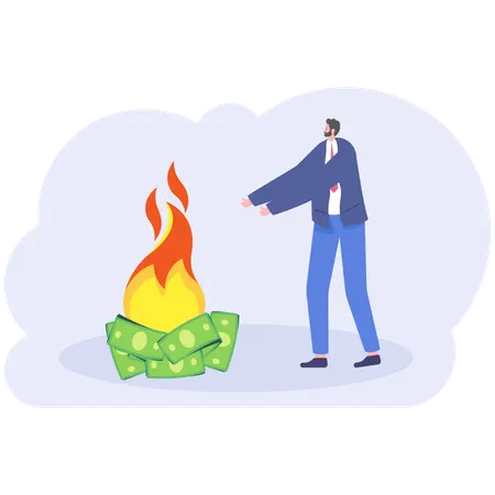 Businessman Warms His Hands From A Bonfire Out Of The Money Vector Illustration Flat Illustration