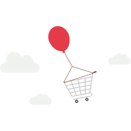 Inflation Causing Price Rising Up Overvalued Stock Or Funds Consumer Purchasing Power Reducing Concept Air Balloon Tied With Shopping Cart Flying High Rising Up In The Sky Illustration