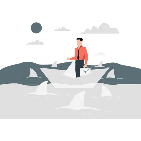 Businessman Is Navigating River Amidst Sharks Illustration