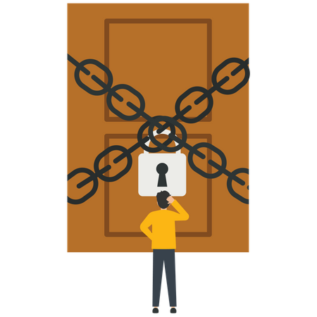 Businessman facing a door bound by chains Illustration