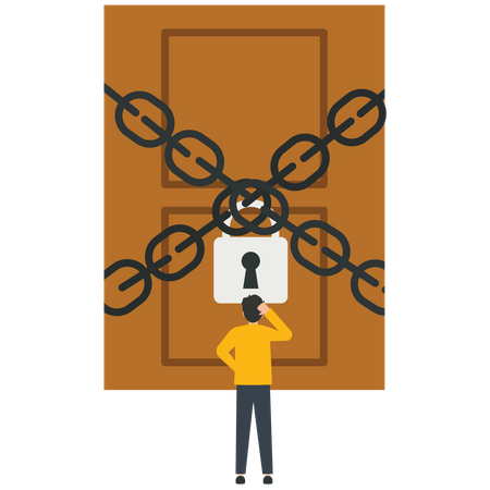 Businessman facing a door bound by chains  Illustration