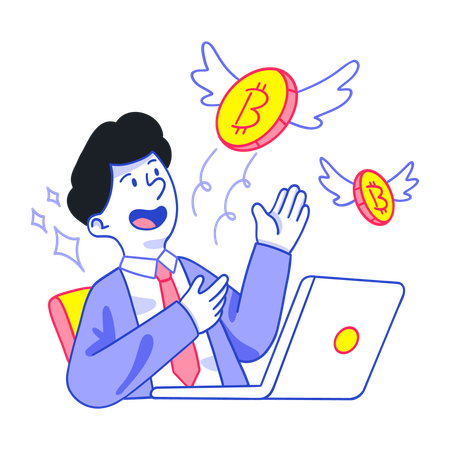 Businessman facing flying bitcoin  Illustration