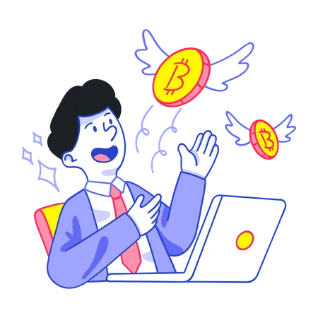 Businessman facing flying bitcoin  Illustration