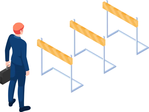 Flat 3 D Isometric Businessman Holding Briefcase Standing In Front Of Hurdle Race Obstacle Business Challenge Concept Illustration