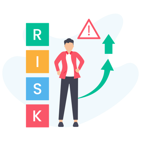 Businessman facing increasing risk level with warning sign  Illustration