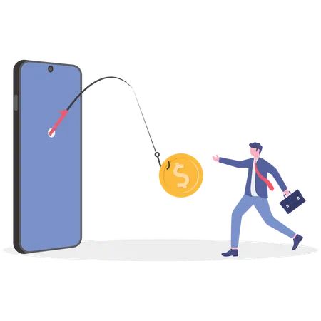 Businessman facing mobile phone banking scam  Illustration