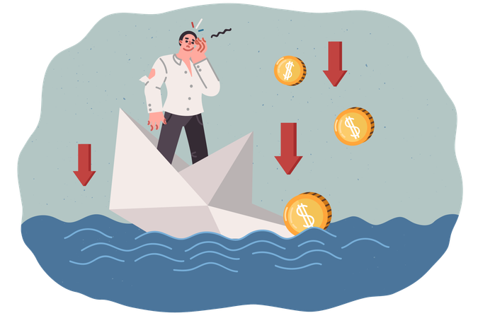 Businessman failed and is at risk of going bankrupt due to crisis, stands on sinking paper ship  Illustration