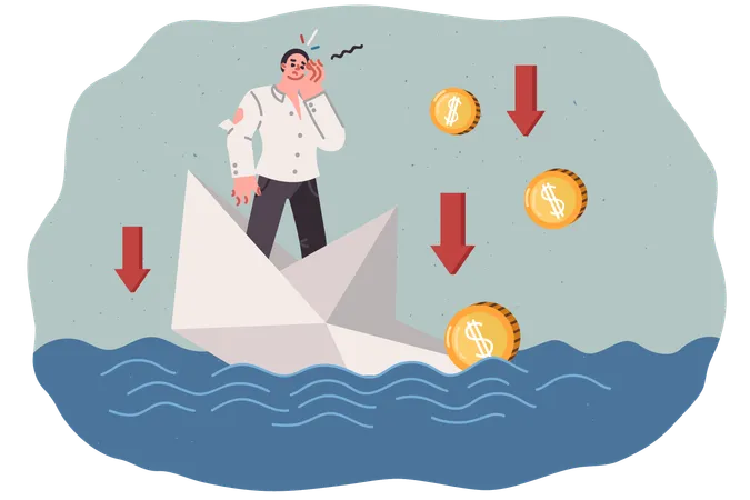 Businessman failed and is at risk of going bankrupt due to crisis, stands on sinking paper ship  Illustration