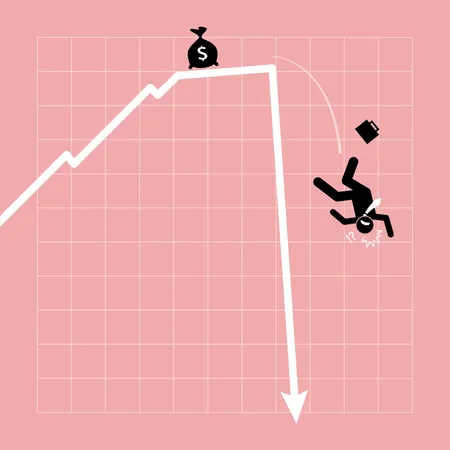Businessman fall down from the chart as the graph goes nosedive in a sudden  Illustration