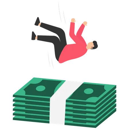 Businessman falling on huge money banknotes safety cushion  Illustration