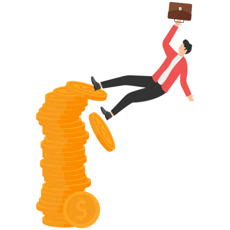 Businessman Falls From A Stack Of Coins  Illustration