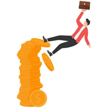 Businessman Falls From A Stack Of Coins  Illustration