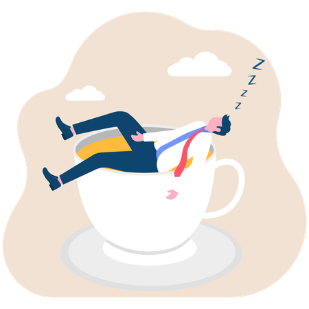 Businessman fast asleep in large coffee cup  Illustration