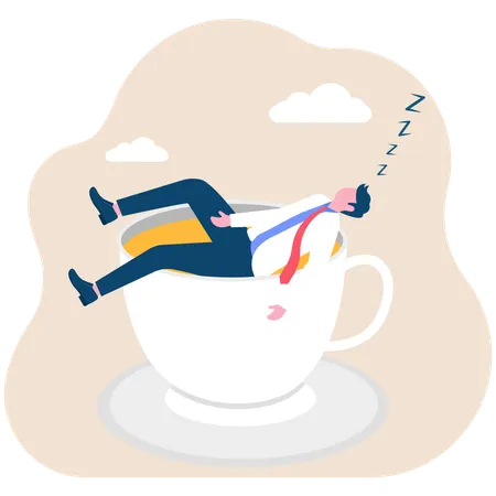 Businessman fast asleep in large coffee cup  Illustration