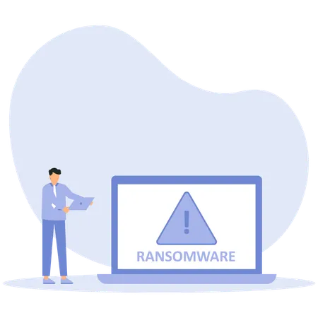 ビジネスマンがコンピューター上でハッキングされた銀行口座を見て混乱している  イラスト