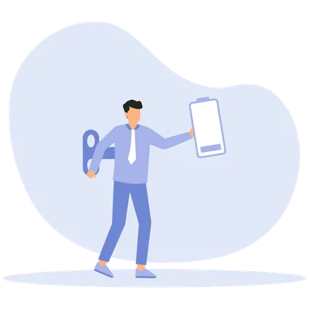 Businessman feeling exhausted with low battery  Illustration