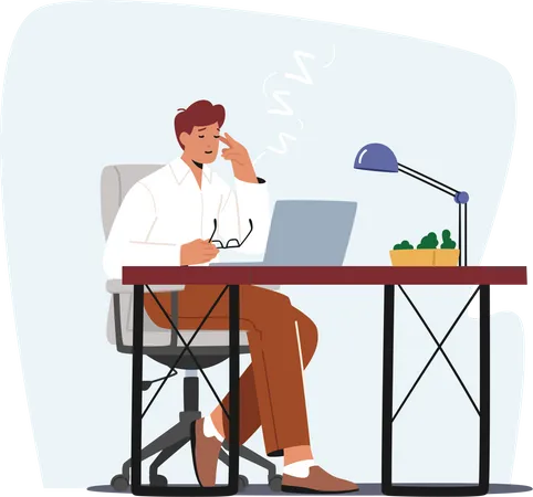 Overwork Tired Worker Character Burnout Tiredness Fatigue And Depression Overload Sleepy Businessman With Low Life Energy Working On Computer In Office Cartoon People Vector Illustration Illustration