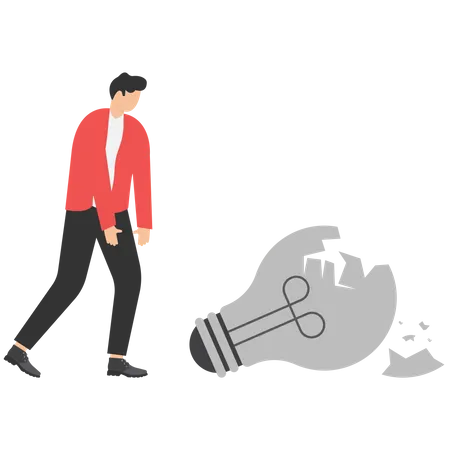 Uninspired Or Motivated After Business Failure Burnout Or Exhausted From Crisis No New Idea Or Inspiration Concept Depressed Businessman Sadly Standing With Failed Old Broken Lightbulb Idea Illustration