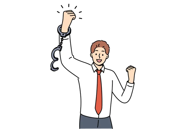 Businessman feels joy after being fired from job and joyfully waving handcuffed hands  Illustration