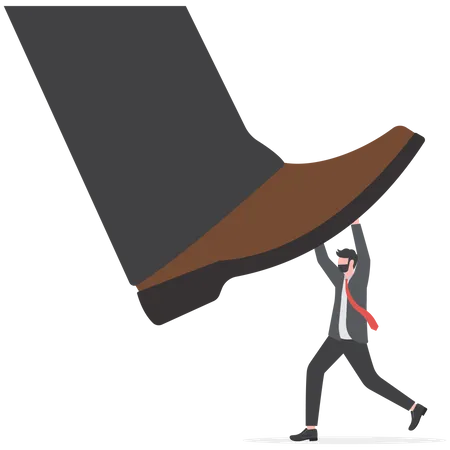 Unfair Competition Conflict Or Employee Fight Concept Small Businessmen Trying To Push Back Giant Bosses Or Competitor Big Feet Illustration