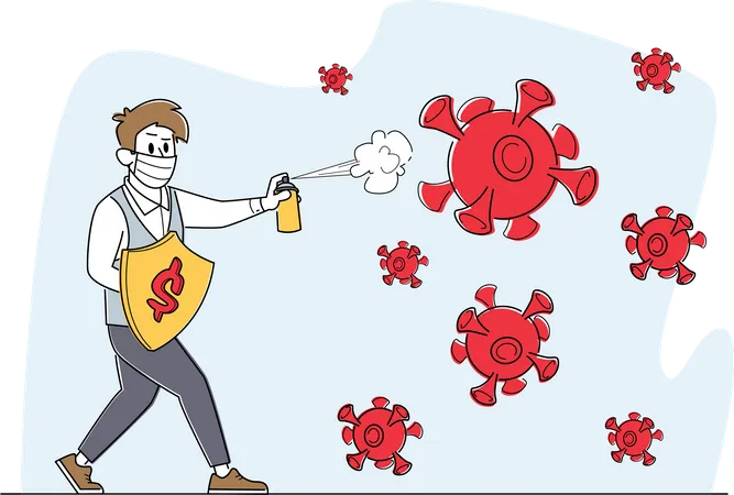 Businessman Character In Medic Mask With Shield And Spray In Attempt To Fight With Huge Covid 19 Virus Cells Coronavirus Pandemic Challenge Corporate And Business Crisis Linear Vector Illustration Illustration