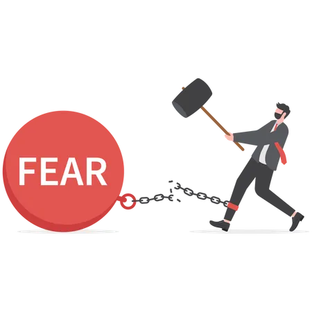 Businessman Fighting With Fear Person Smashed Chained Fear Ball Face Everything And Rise Concept Illustration