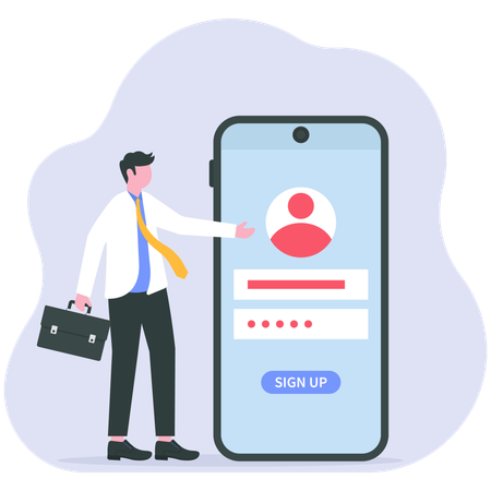 Businessman fills up online registration form  Illustration