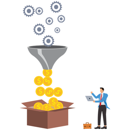 Businessman filtering money from sales funnel  Illustration