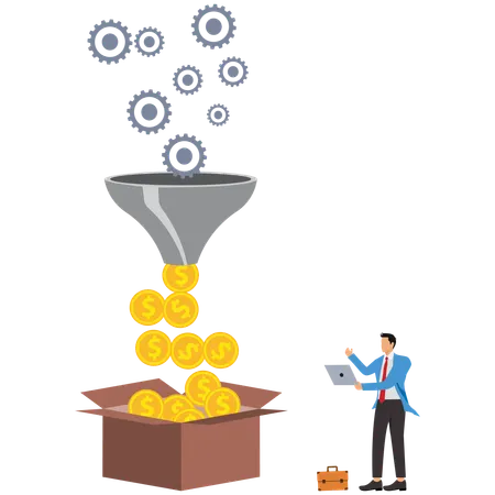 Businessman filtering money from sales funnel  Illustration