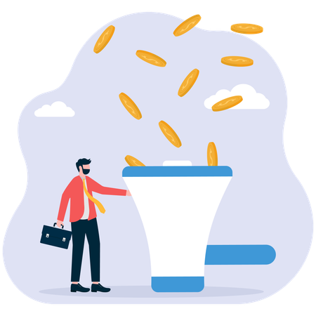 Businessman filtering money megaphone  Illustration