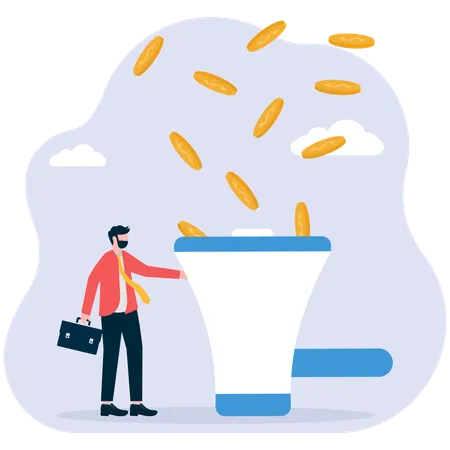 Businessman filtering money megaphone  Illustration