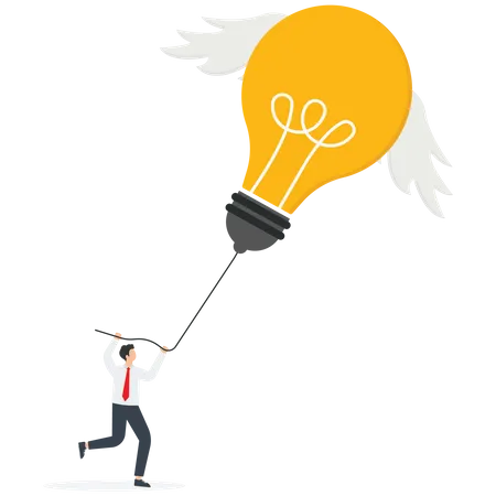 Find An Idea To Achieve Your Goals Be Creative To Solve Business Problems Apply Innovation To Create A New Business Gain New Knowledge A Person Pulls A Balloon In The Shape Of An Idea Light Bulb Vector Illustration