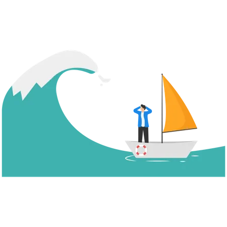 Businessman Find Barriers To Success Concept Business Vector Illustration Paper Boat Tsunami Wave Challenge Illustration