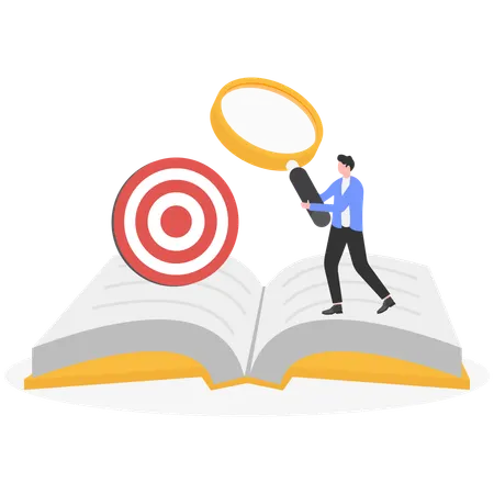 Businessman find business goal while standing on open book  Illustration
