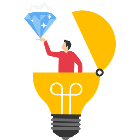 Businessman find priceless precious diamond from bright light bulb idea  Illustration
