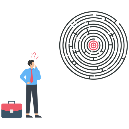 Businessman finding a way to the target in a maze  Illustration