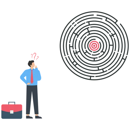 Businessman finding a way to the target in a maze  Illustration