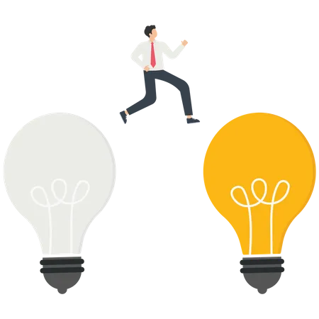 Finding An Idea To Achieve A Goal Strategic Planning Career Path Creative Problem Solving Brainstorming Using Innovation For A Successful Business Man Jumping From Light Bulb Off To On Vector Illustration