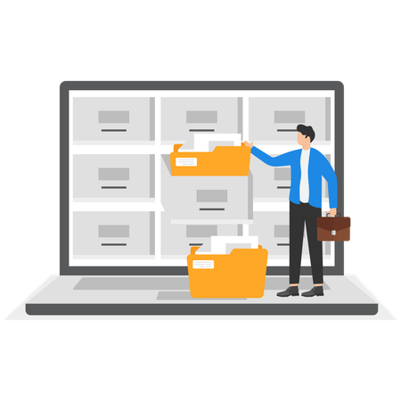 アーカイブ内のファイルを見つけるビジネスマン  イラスト