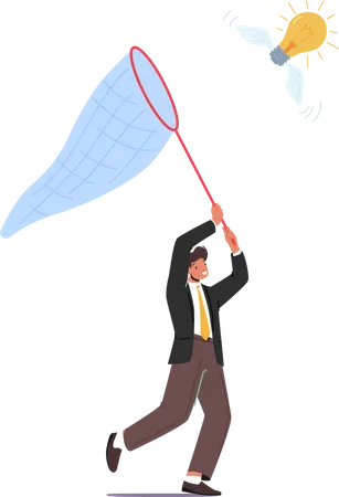 Businessman Character Chasing Flying Light Bulb Trying To Catch With Butterfly Net Isolated On White Background Business Man Searching Inspiration Creative Idea Success Cartoon Vector Illustration Illustration