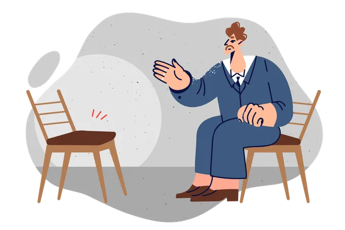 Businessman Sits On Chair Opposite Empty Seat For Work Partner Or New Employee Of Company Businessman Invites You To Start Negotiations To Build Successful And Profitable Company Together Illustration