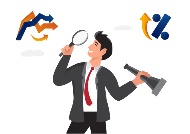 Businessman Looking At The Future Business Trend Through A Magnifying Glass And The Other Hand Holding A Telescope To Look Further Vector Illustration Illustration